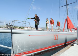 Hawaiian priest, Danny Akaka and his wife, Anna, lead Mark Richards and Roy P. Disney during the traditional Hawaiian blessing ceremony for Wild Oats XI. (Credit Doug Gifford – Ultimate Sailing)