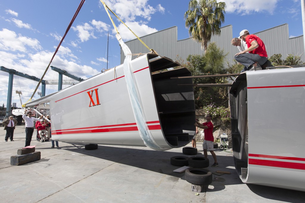 There she goes! A 10-metre section of the bow of supermaxi Wild Oats XI is removed so the yacht can be remodelled for this year’s Rolex Sydney Hobart race.