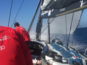 Wild Oats XI was sailing at near 22 knots in just 17 knots of wind off the coast of Los Angeles today during a training run for the Transpac Race 2015.